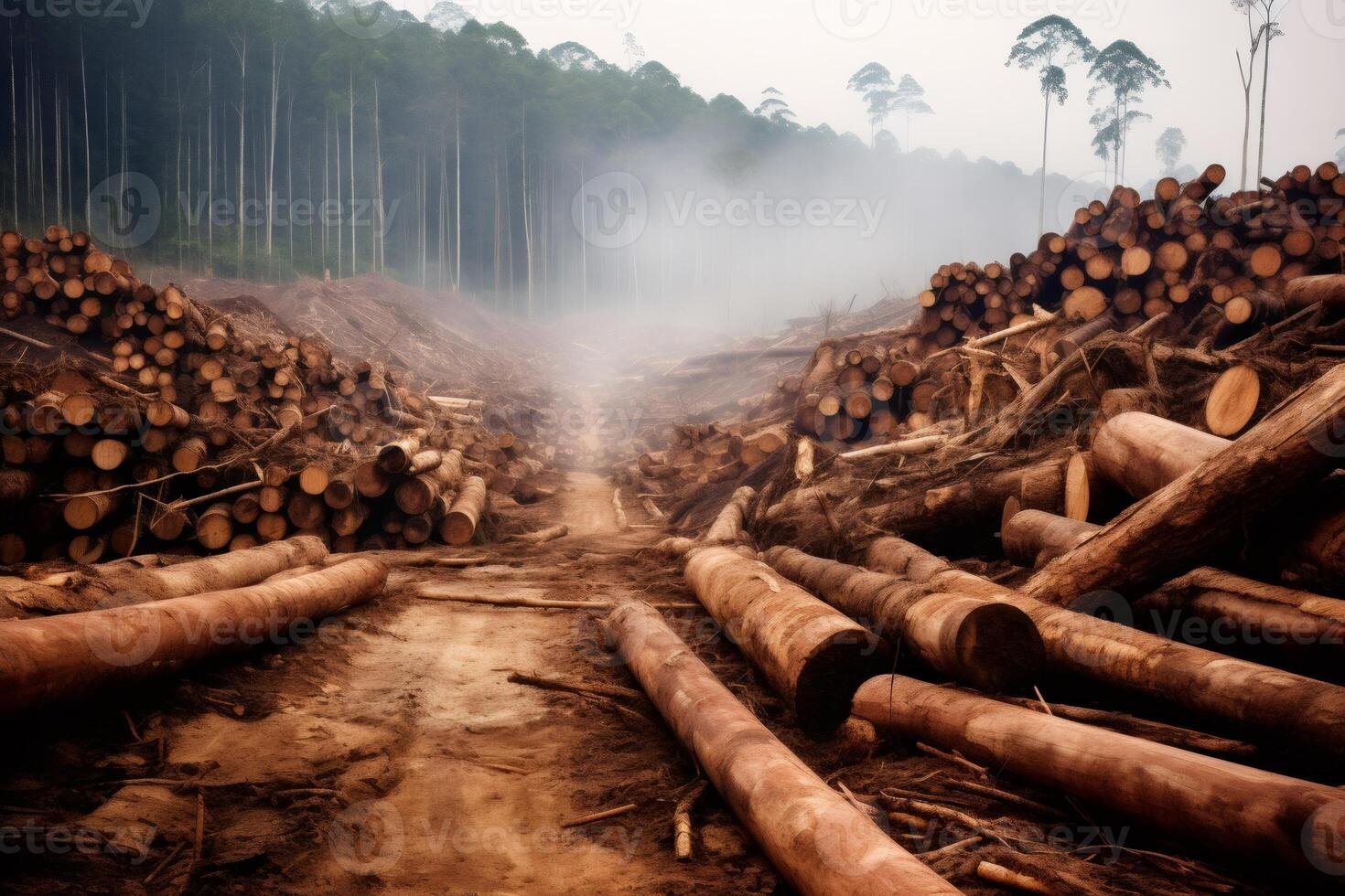 Deforestation creating path through cut trees and forest destruction photo