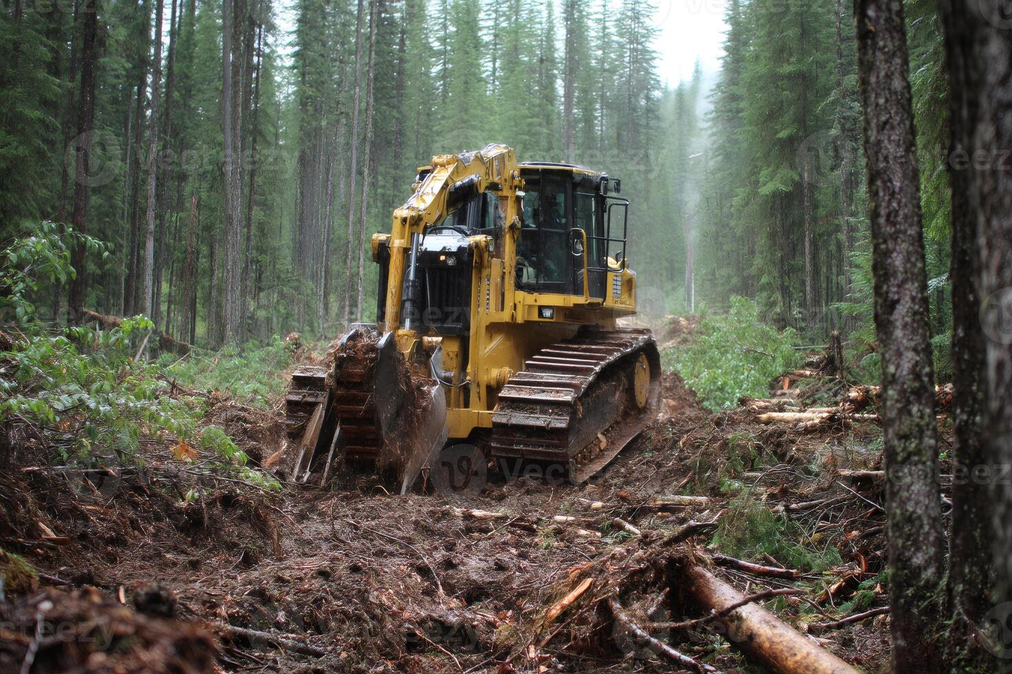 Bulldozer removing trees and clearing land in forest photo