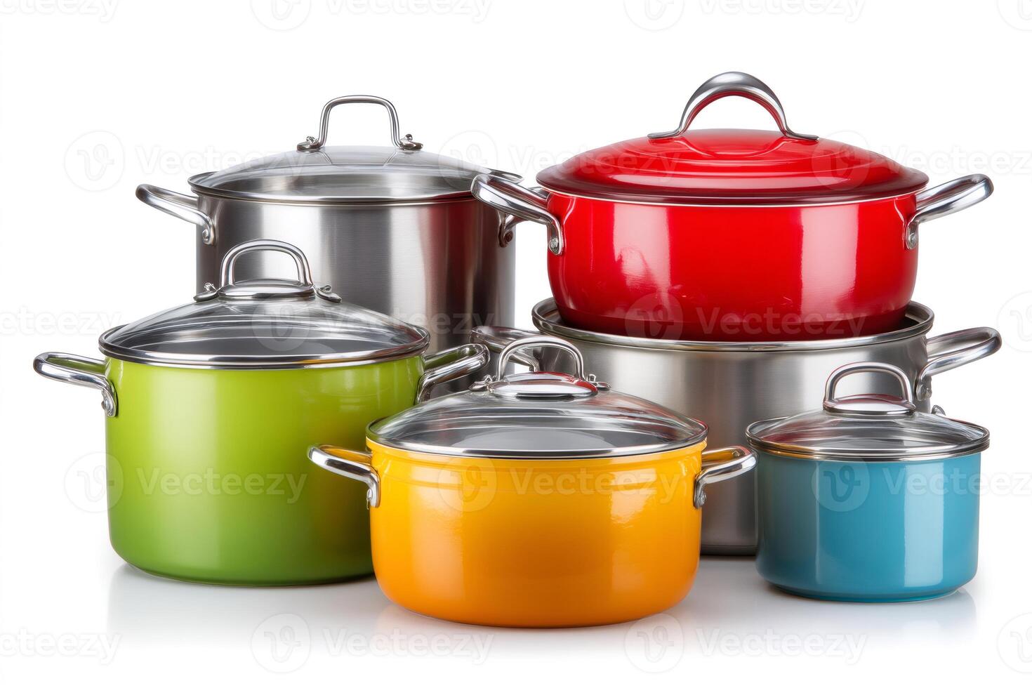 Colorful cooking pots with glass lids creating a vibrant kitchen scene photo