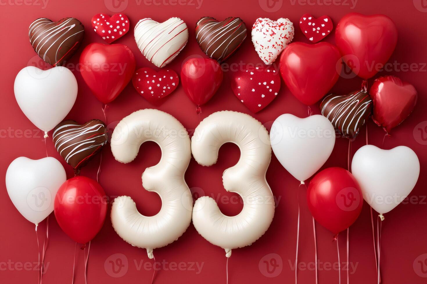 Celebrating 33 years with heart shaped balloons and chocolates on red background photo