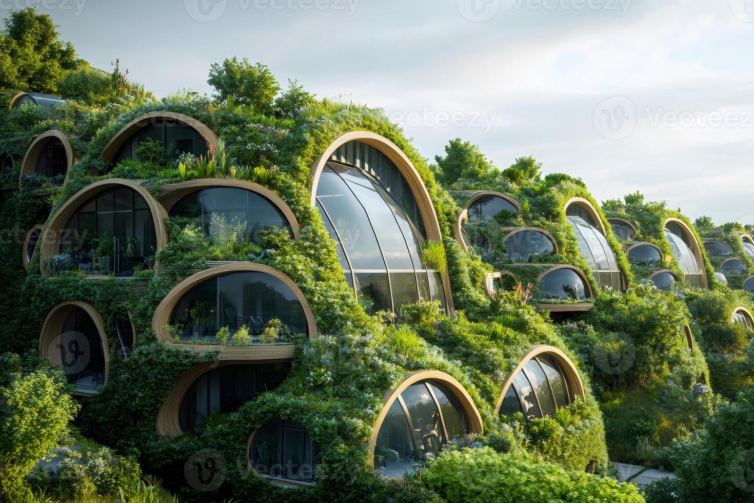Futuristic green building showing sustainable architecture and design photo