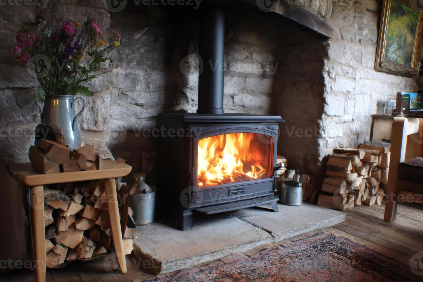 Burning fireplace warming stone cottage living room with firewood and wildflowers photo