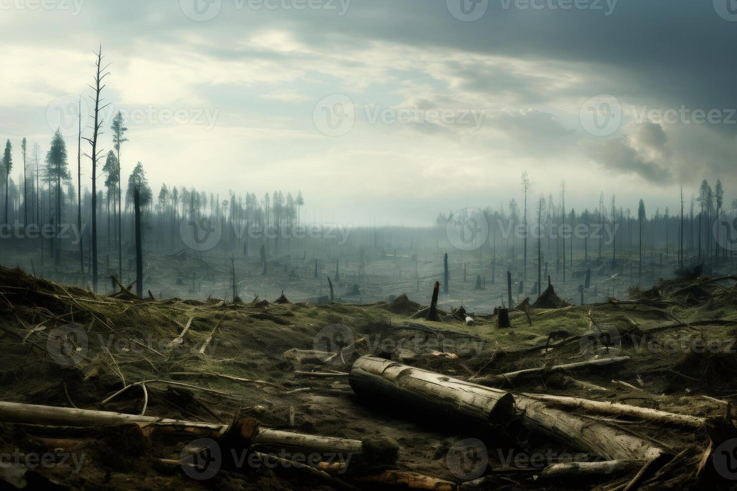 Burned forest showing environmental damage from wildfire with fallen trees photo