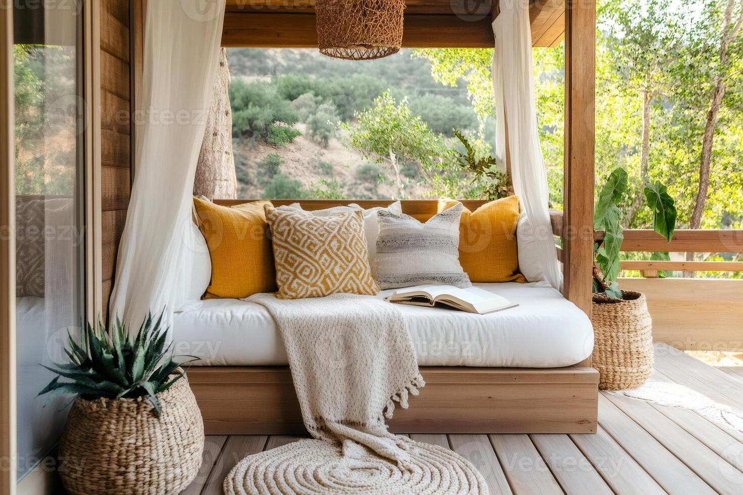 Cozy patio with canopy bed, pillows, and book overlooking nature photo