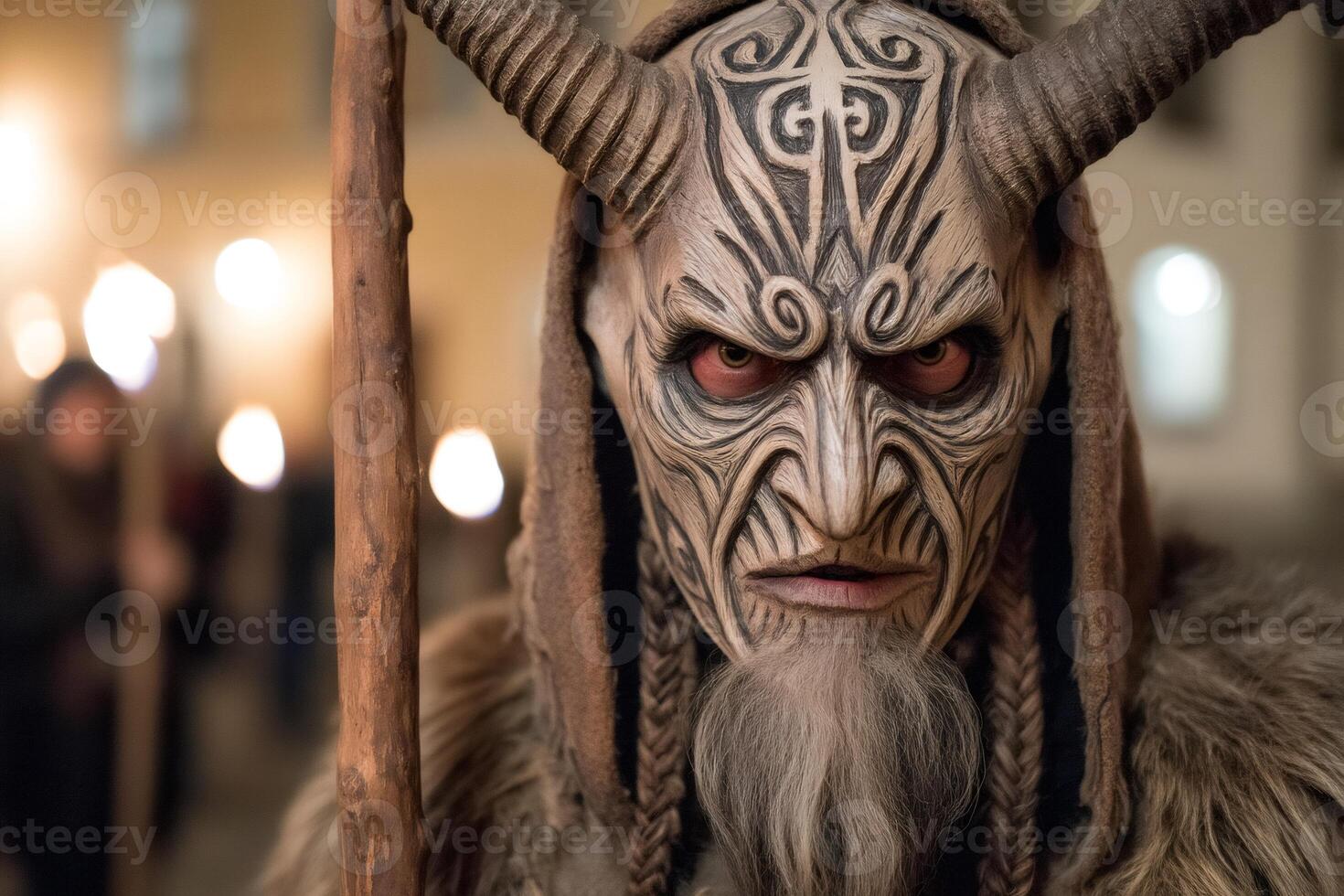 Shaman wearing a scary horned mask holding a wooden stick during a ritual photo