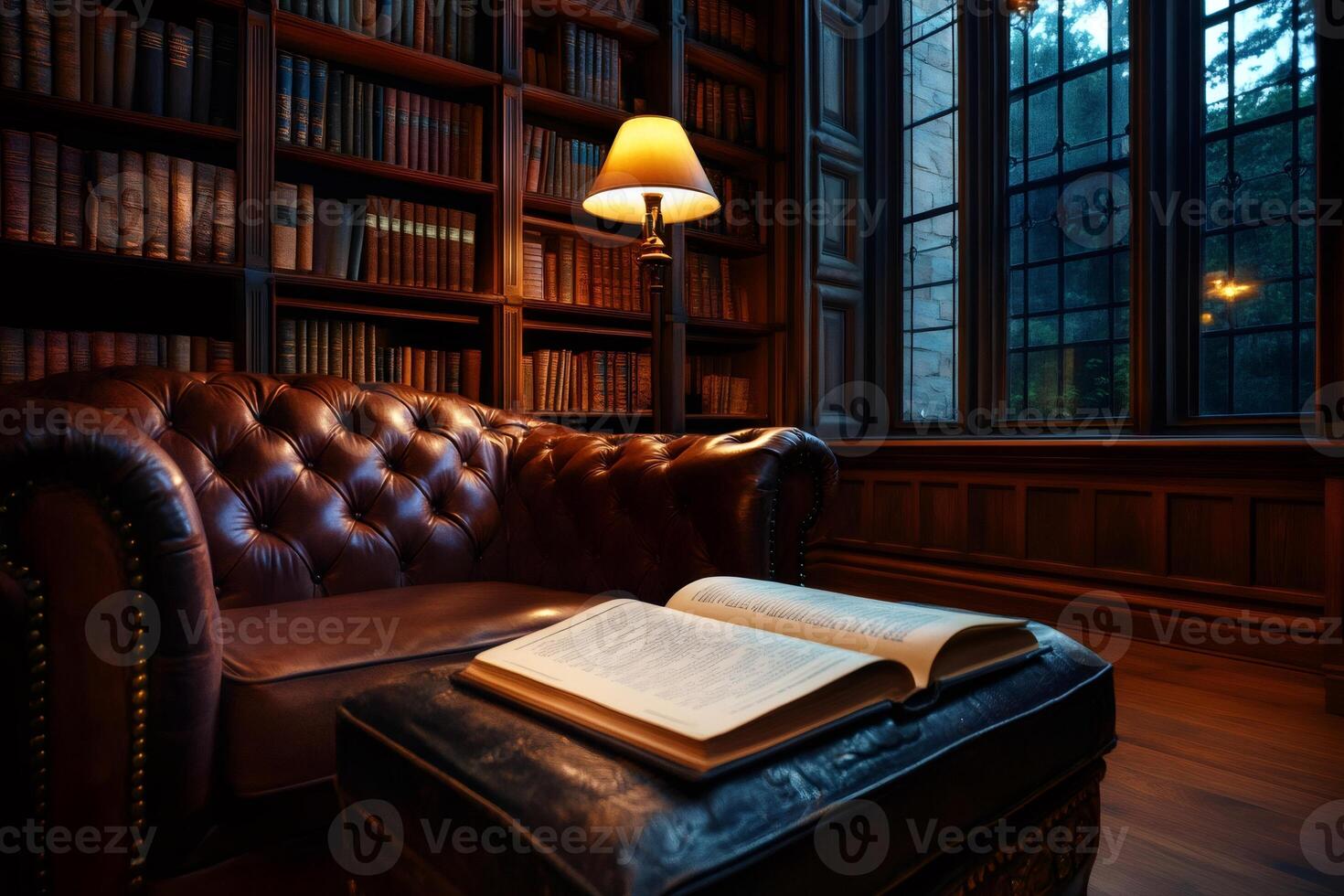 Open book resting on footstool in classic library setting with chesterfield sofa photo