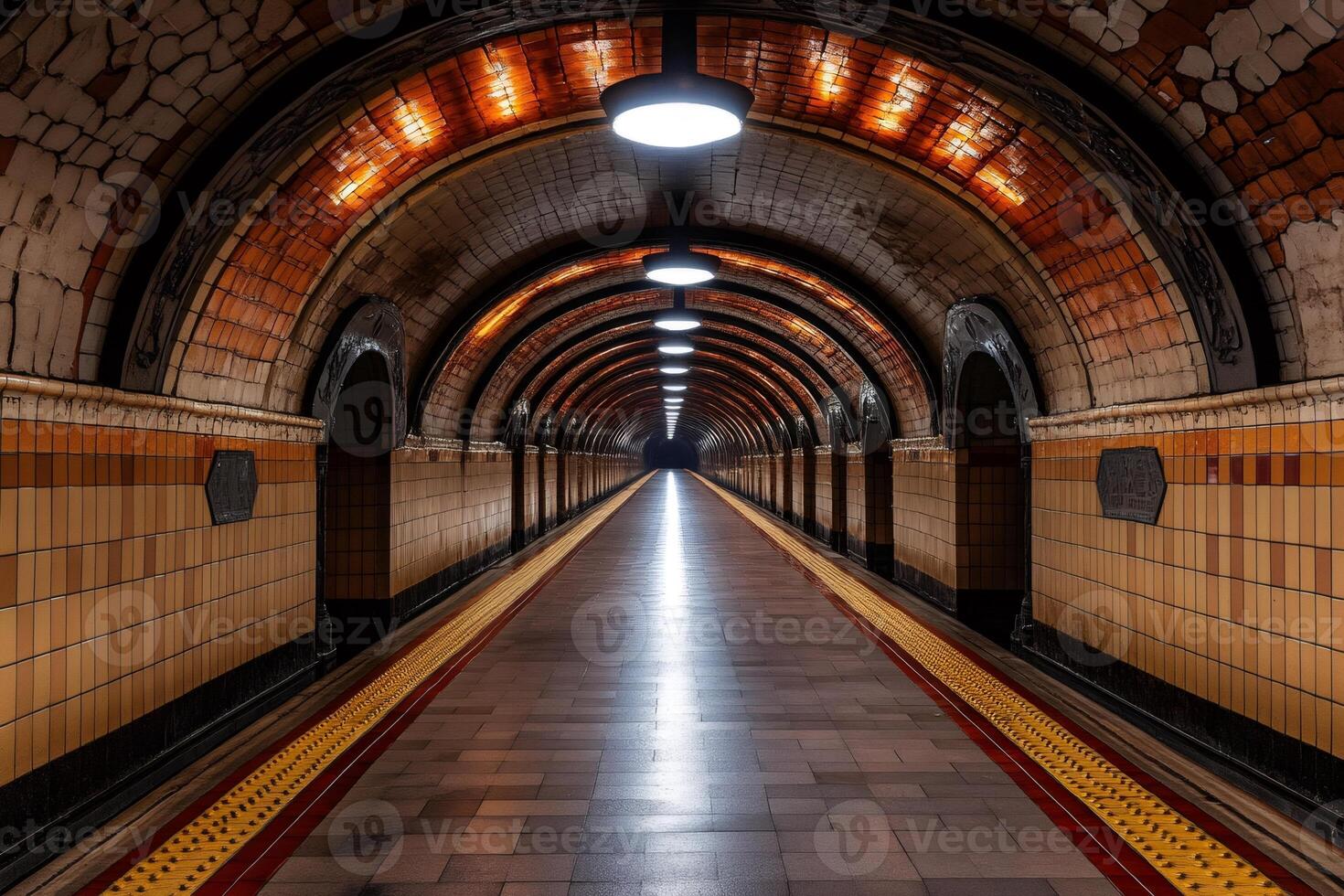 Empty underground city subway tunnel with illuminated ceramic tiles photo