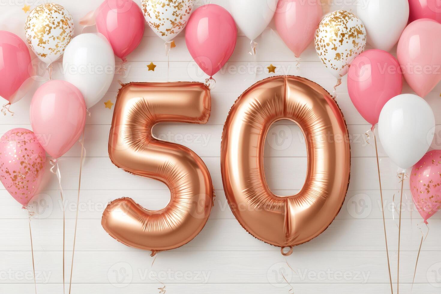 Rose gold balloons showing number fifty with pink and white balloons on white background photo
