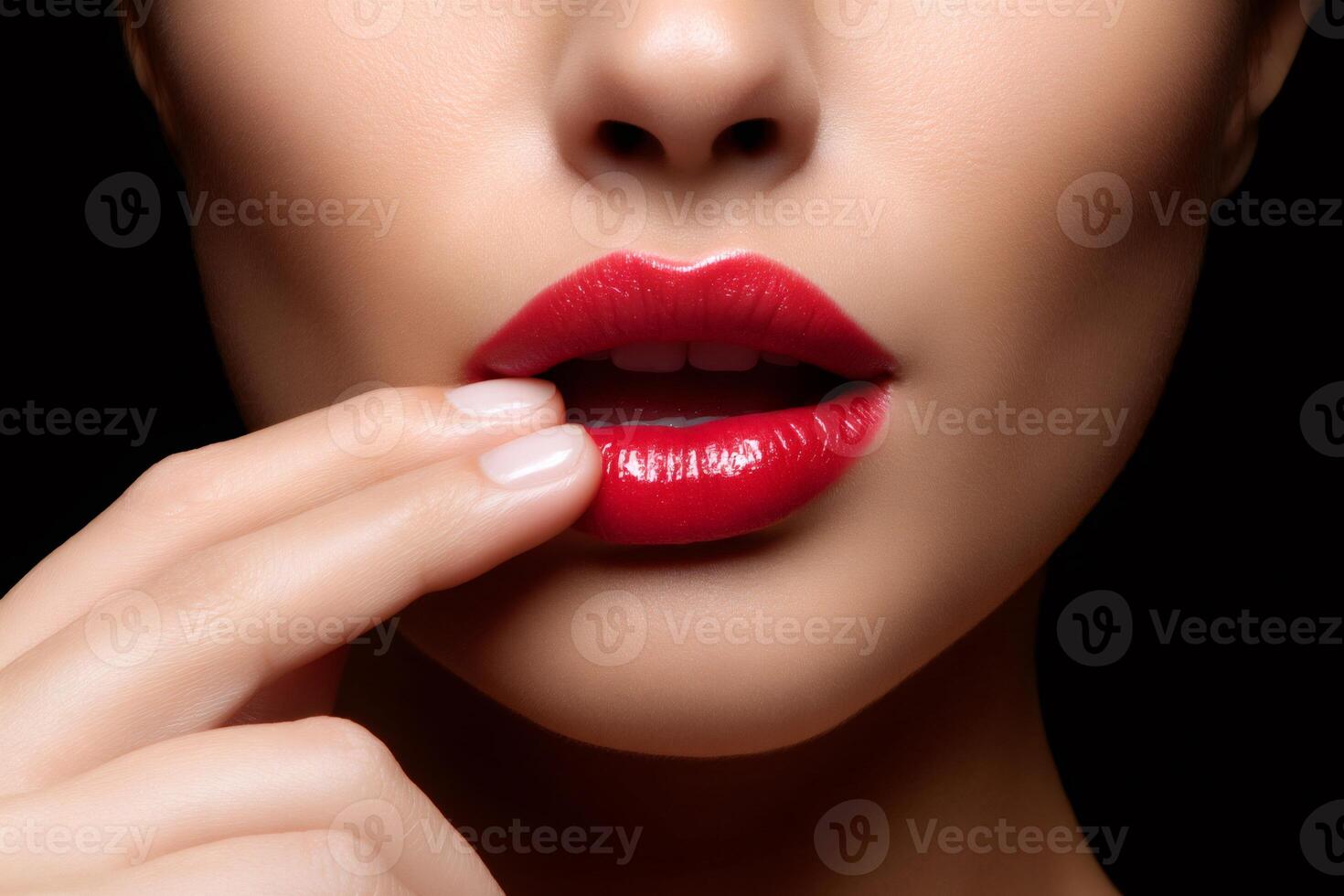 Woman touching red lips with finger on black background photo