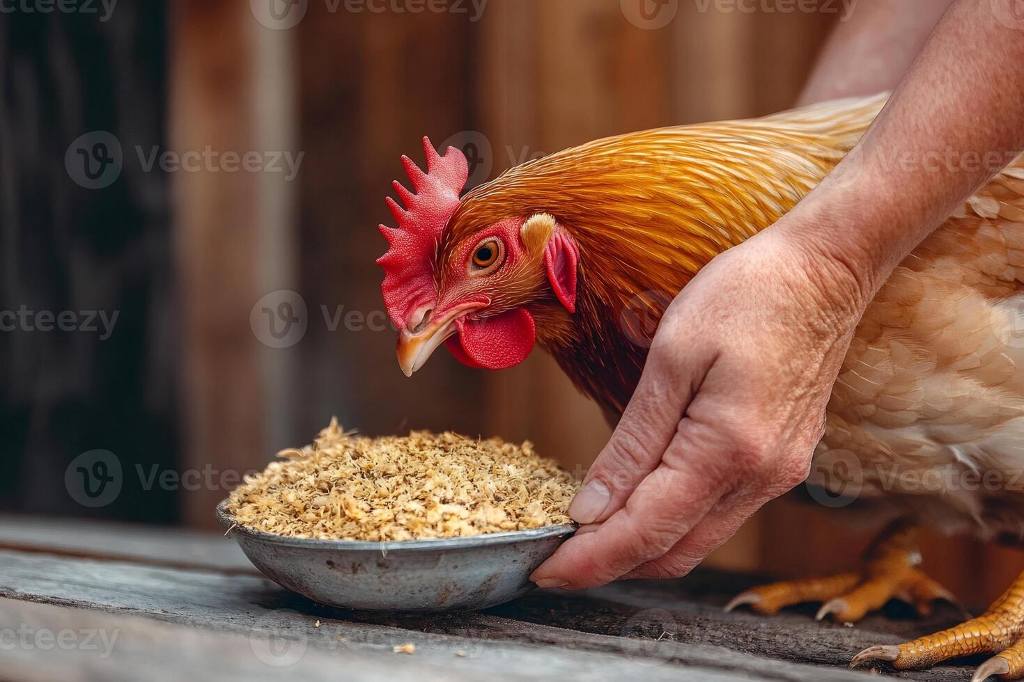 Farmer feeding chicken grains in metal bowl at farm photo