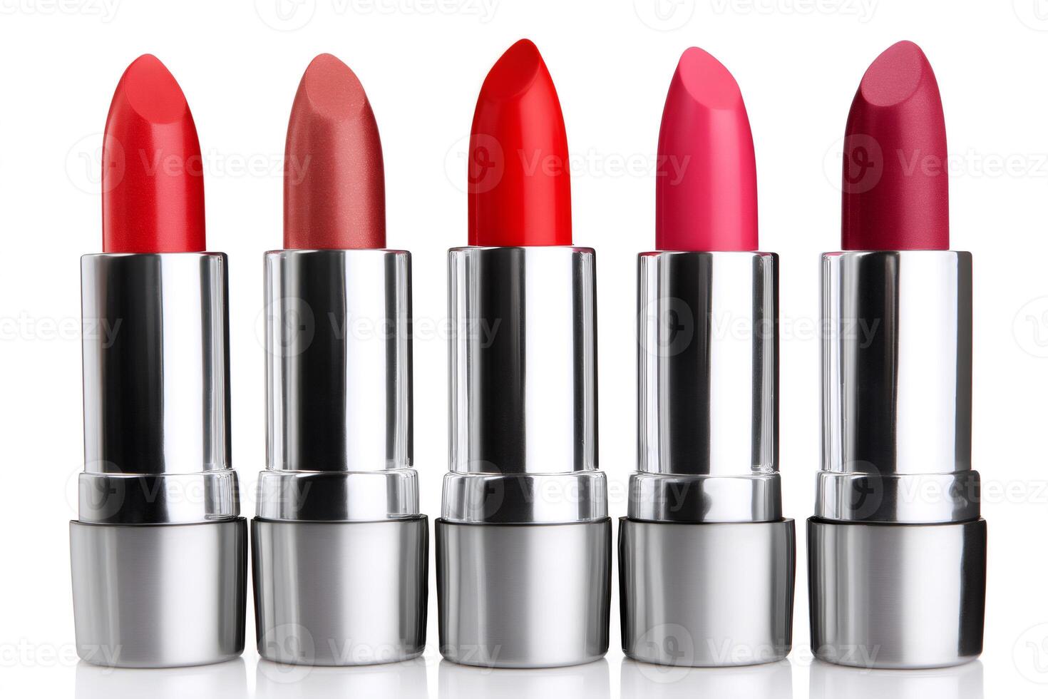 Five colorful lipsticks showing variety of make up colors photo
