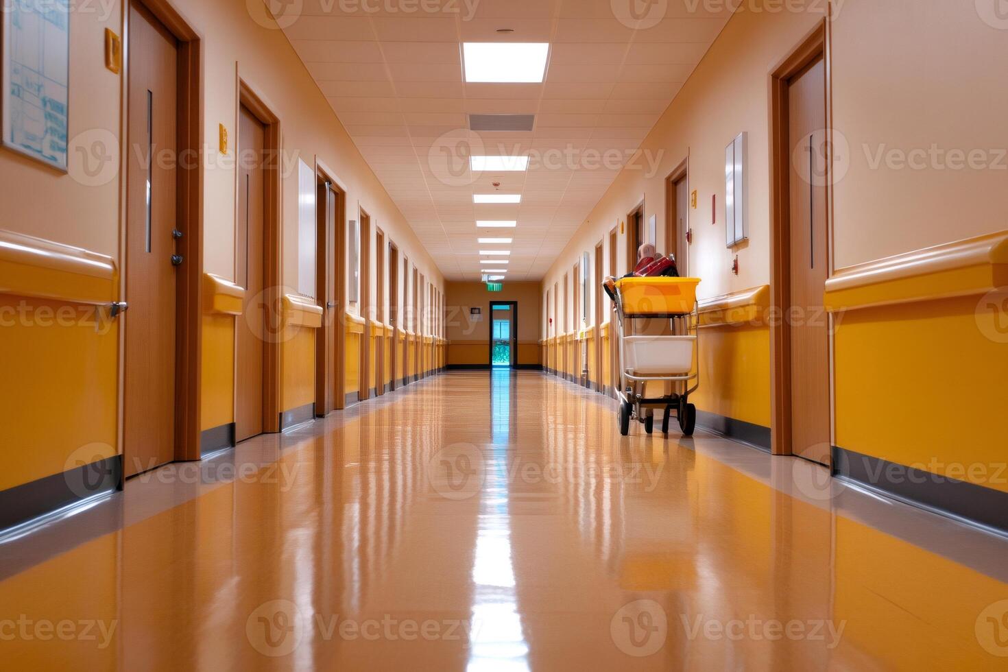 Janitor pushing cleaning cart in hospital corridor photo