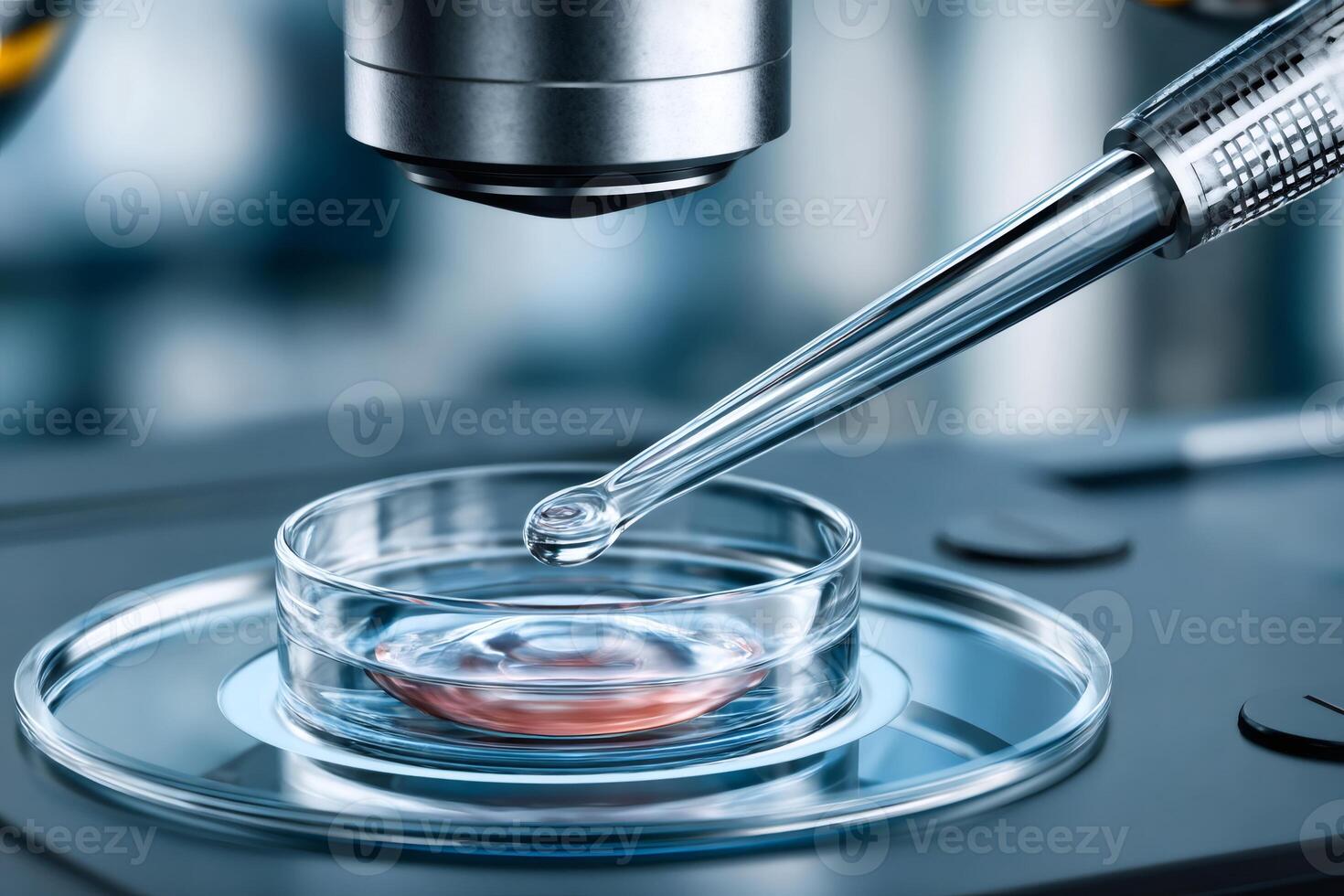 Scientist analyzing sample under microscope using pipette in laboratory photo