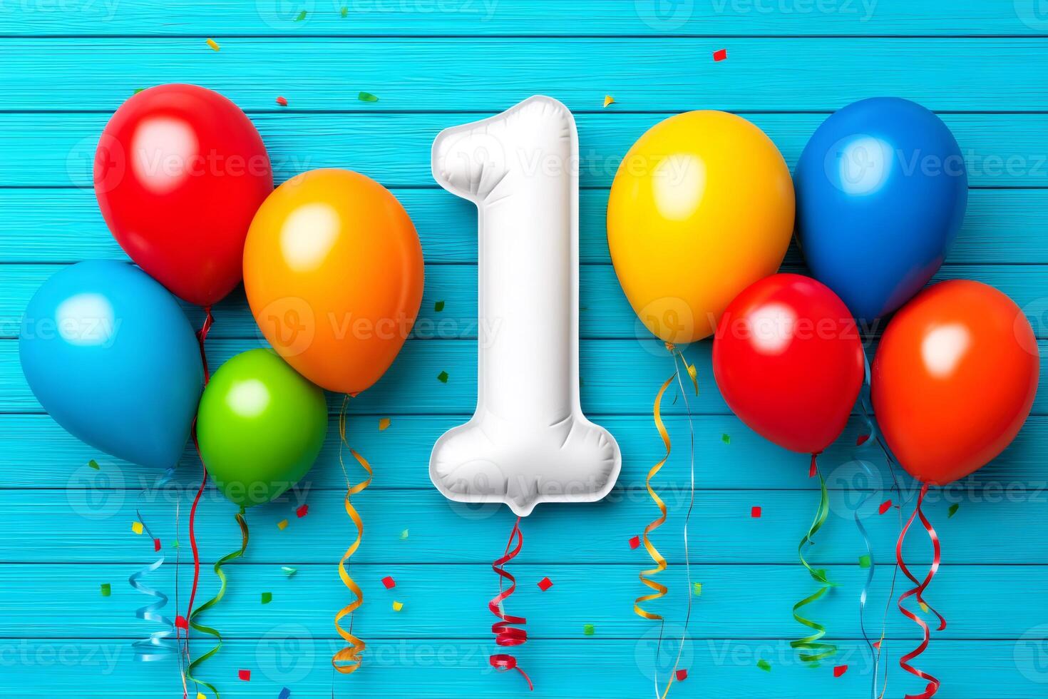 Number one balloon celebrating first birthday with colorful balloons and confetti on blue wooden background photo