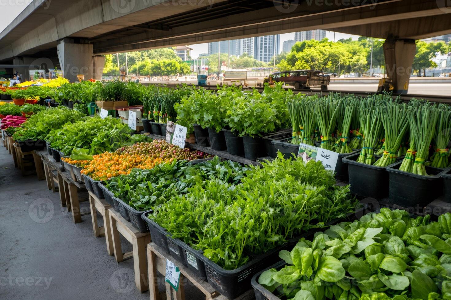 Fresh vegetables displayed on market stall under highway overpass photo