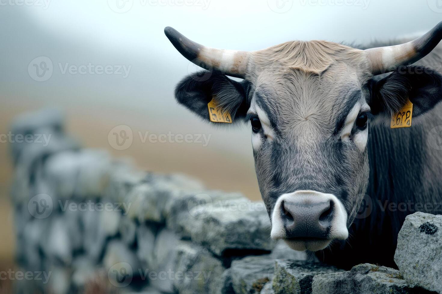 Cow looking over stone wall in misty landscape photo