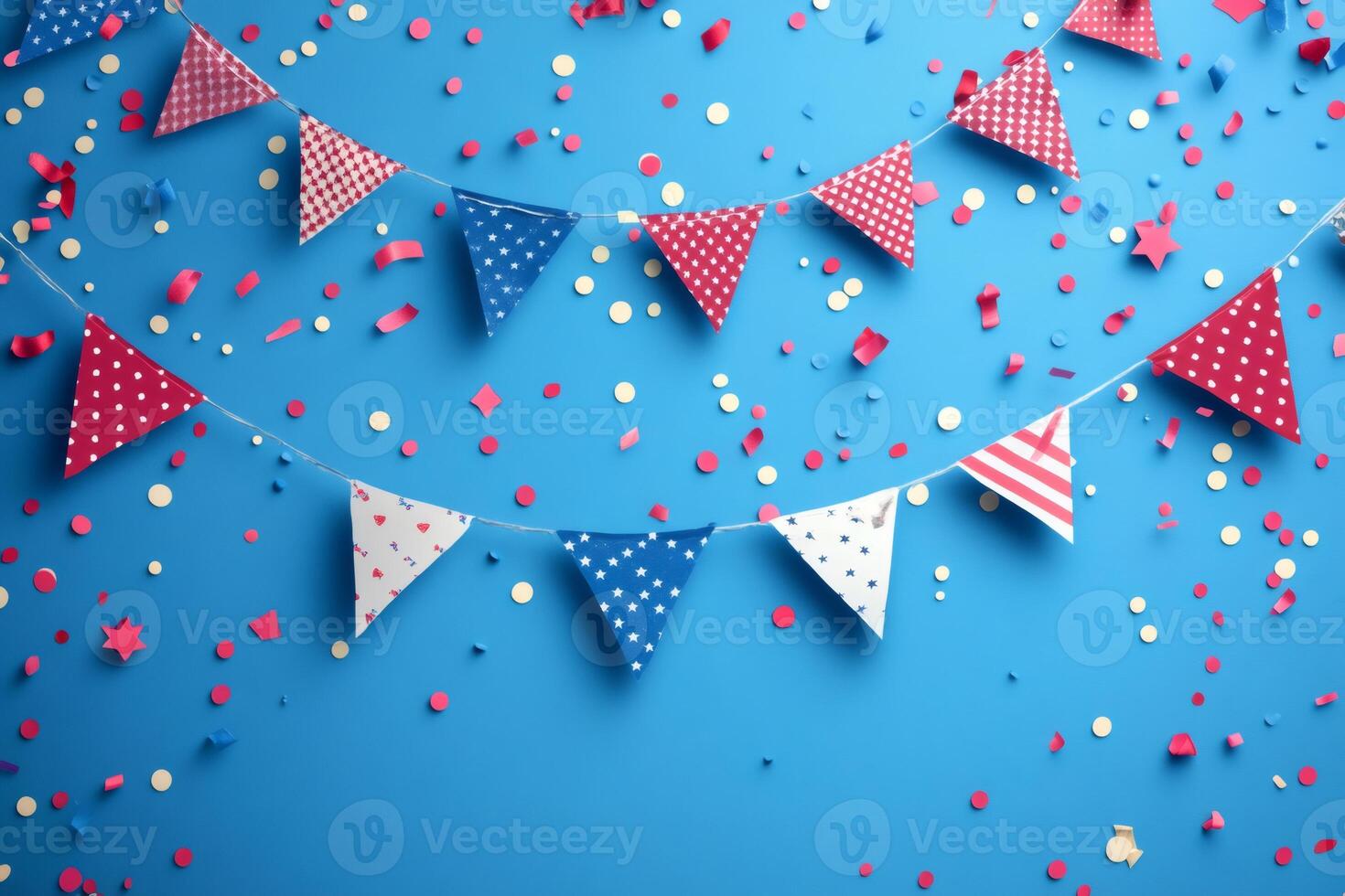 American party bunting and confetti creating festive atmosphere on blue backdrop photo