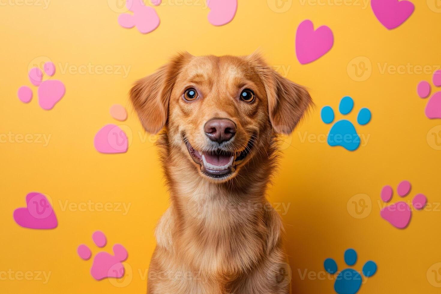 Happy golden retriever smiling with paws and hearts background photo