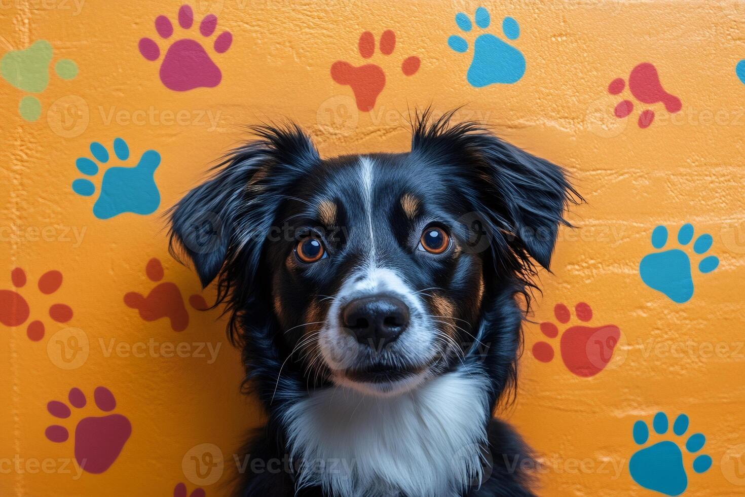 Adorable puppy posing on colorful background with paw prints photo