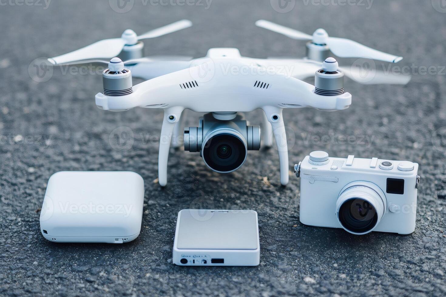 White drone with camera, battery and remote control standing on asphalt photo