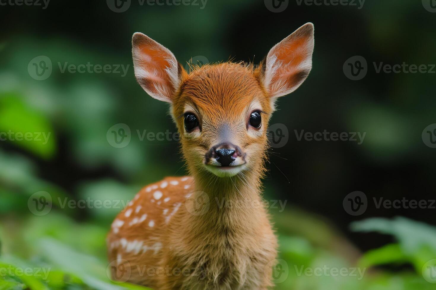 Adorable white-tailed deer fawn hiding in green lush vegetation photo