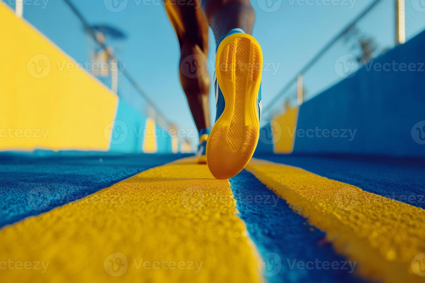 Athlete running on blue and yellow track, close up on running shoes photo