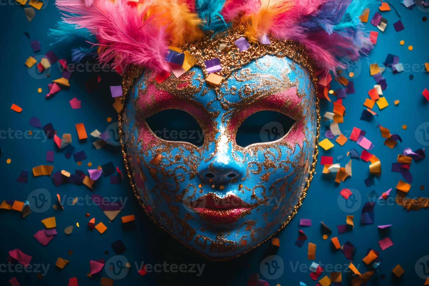 Colorful venetian carnival mask with feathers and confetti on blue background photo