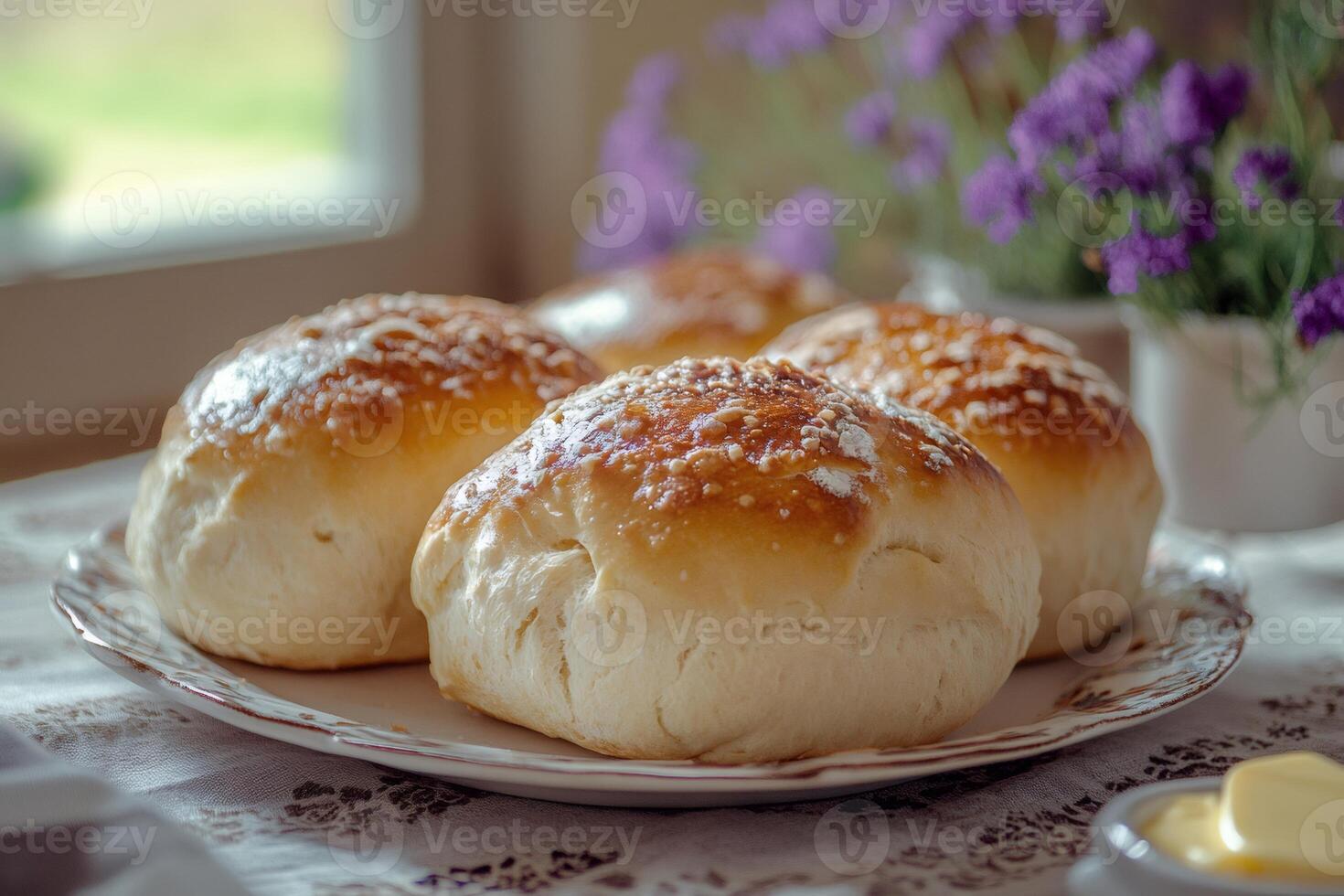 Freshly baked buns resting on a plate by the window photo