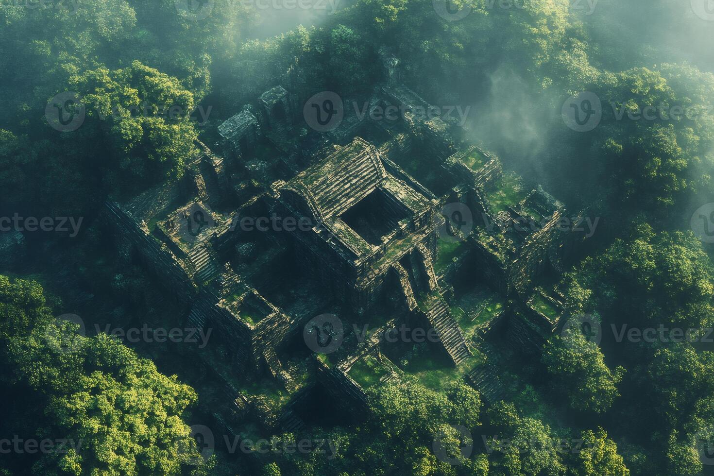 Ancient overgrown jungle temple emerging from the mist in a lush green forest photo