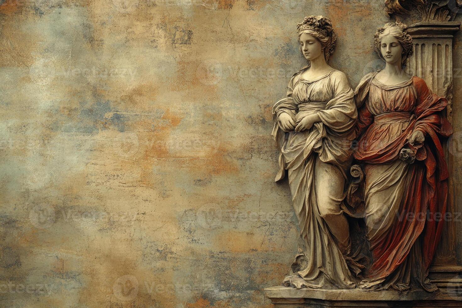 Two elegant female statues adorning a rustic wall photo