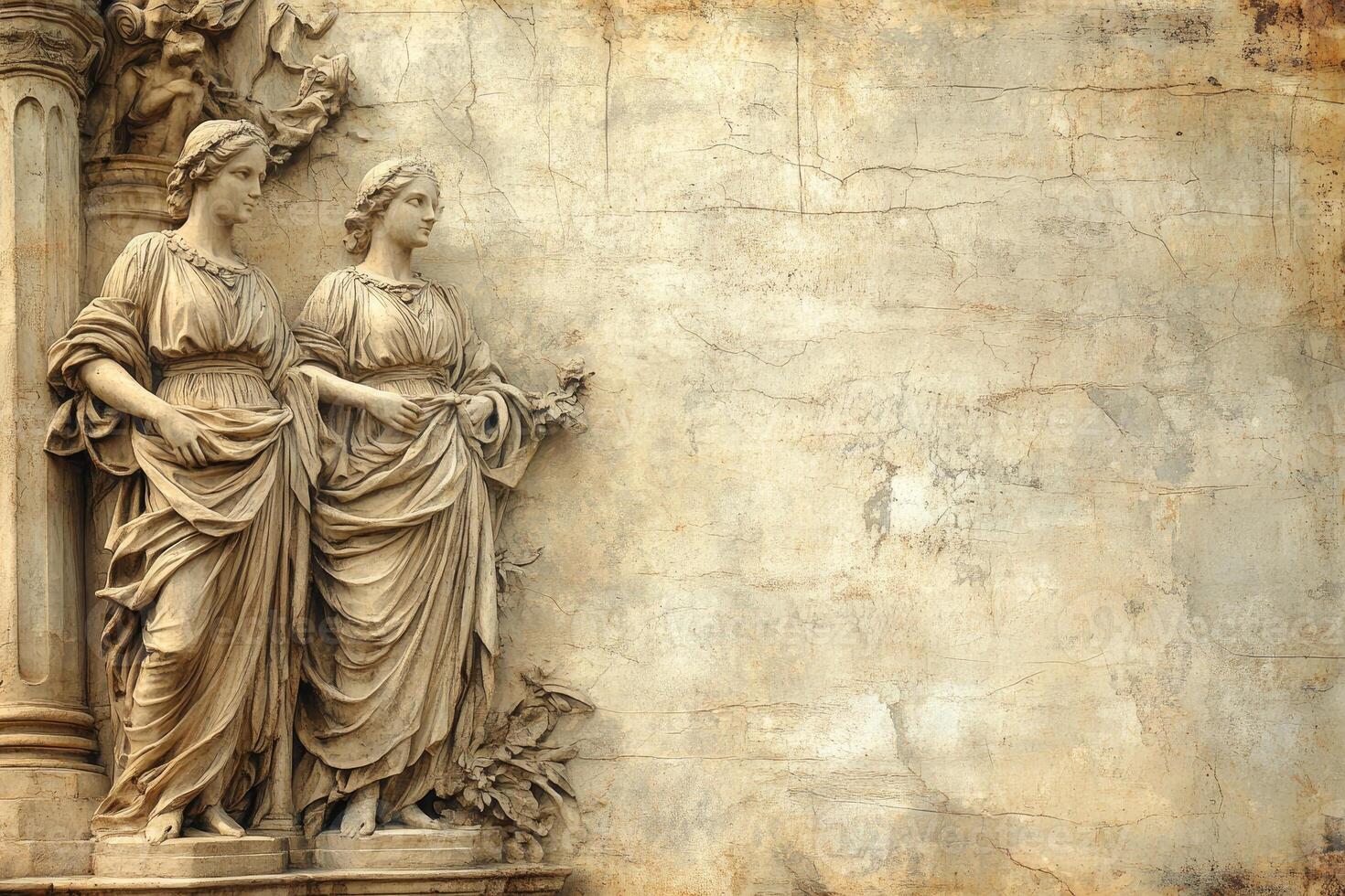 Two elegant female statues adorning a classical architectural facade photo