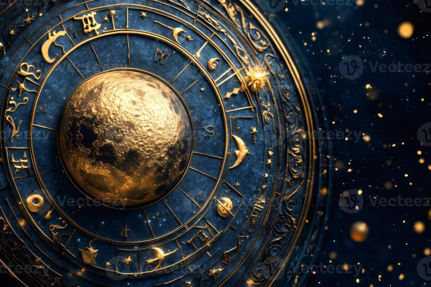 Golden astrological chart showing zodiac signs and planets orbiting around the sun photo