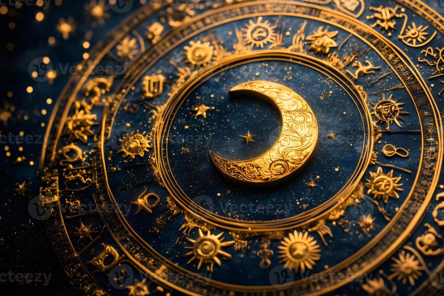 Golden crescent moon shining on a beautiful astrological clock face, surrounded by zodiac signs photo