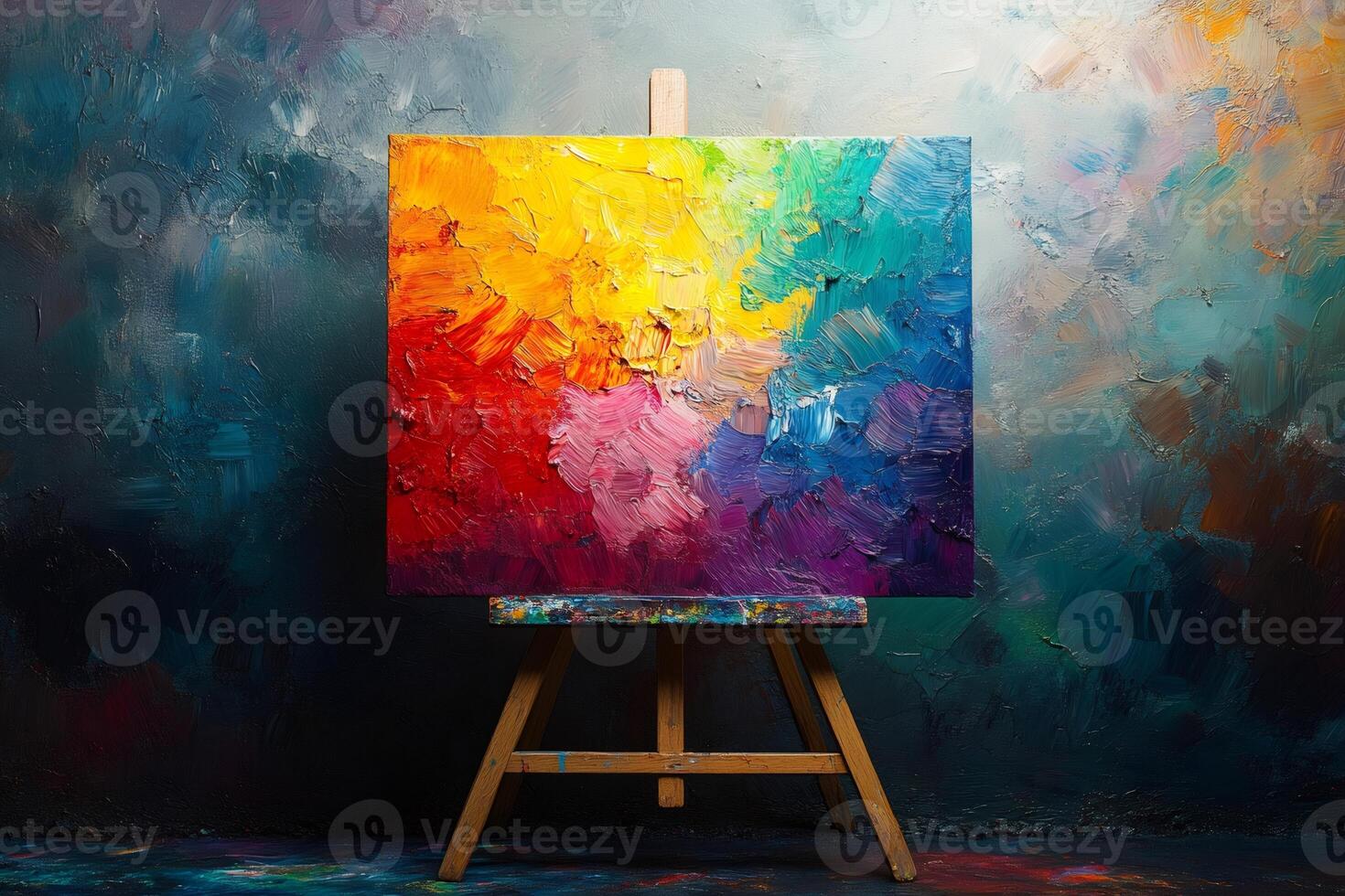 Colorful impasto painting resting on wooden easel in art studio photo