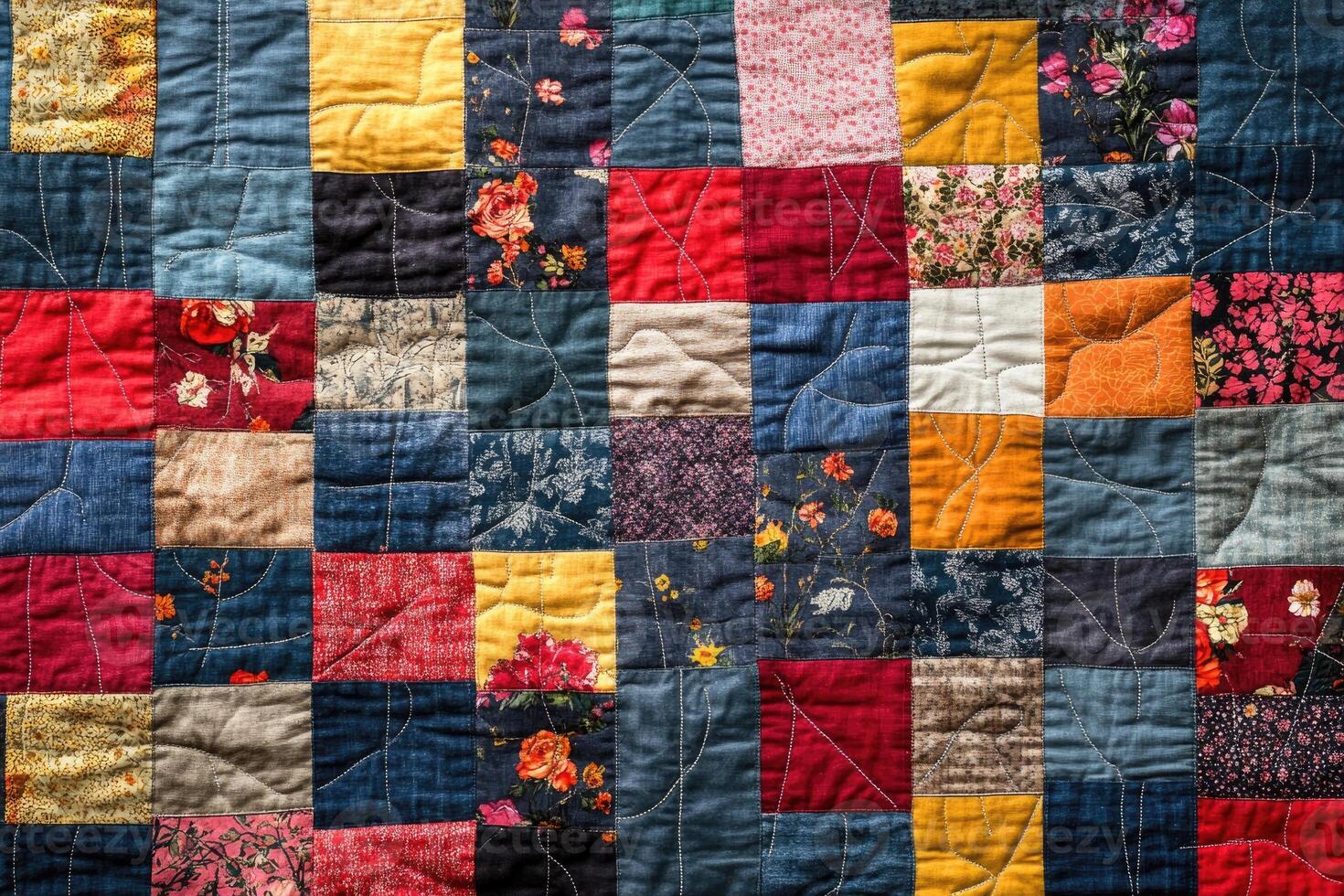 Colorful quilt showing variety of textures and patterns creating handmade feel photo