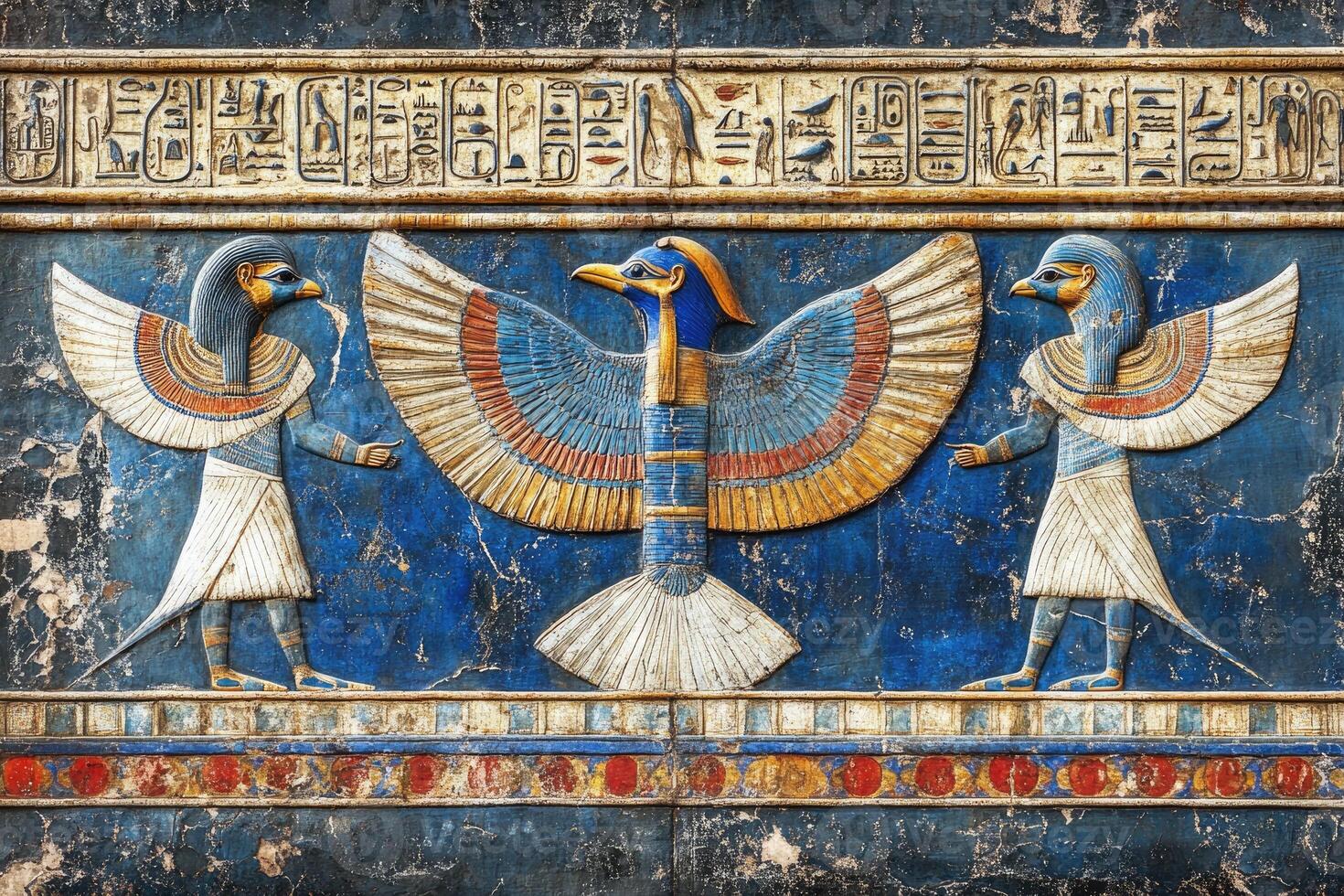Ancient egyptian gods horus and behdety protecting ba bird depicted in colorful tomb relief photo