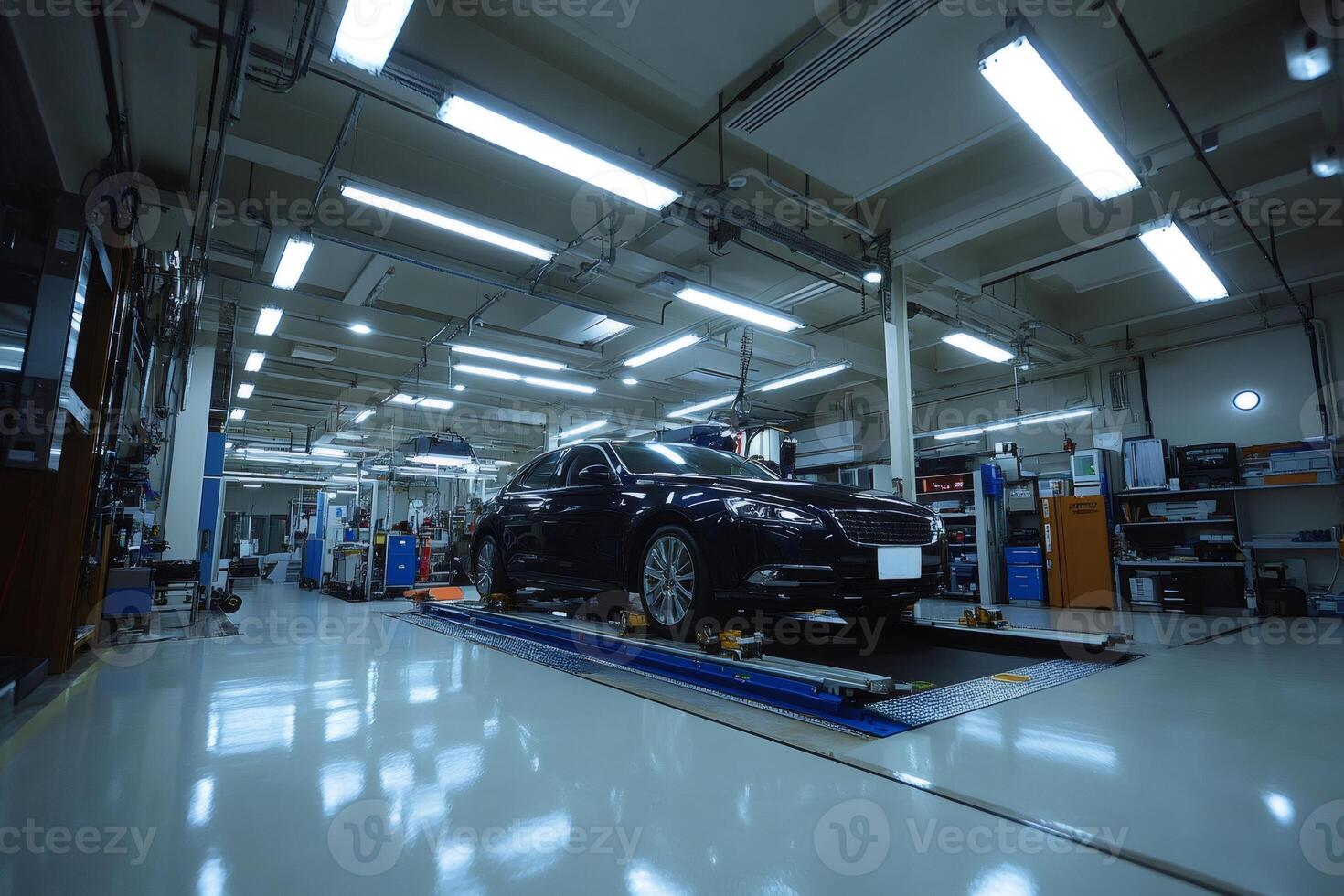 Modern car undergoing inspection on platform in automotive factory photo