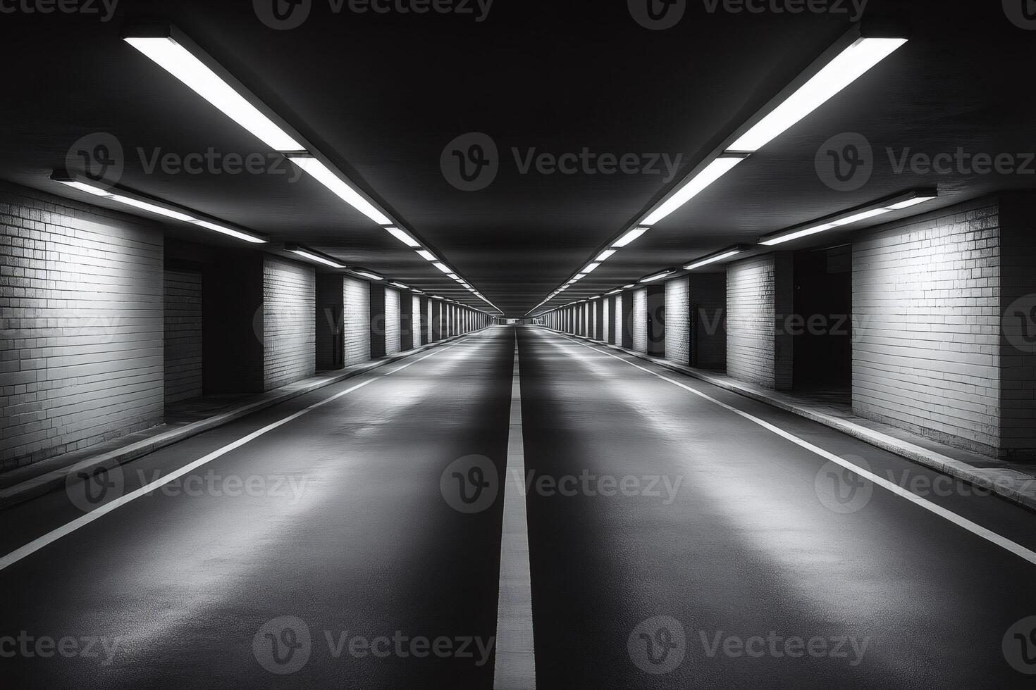 Empty underground road tunnel with bright lights illuminating the asphalt photo