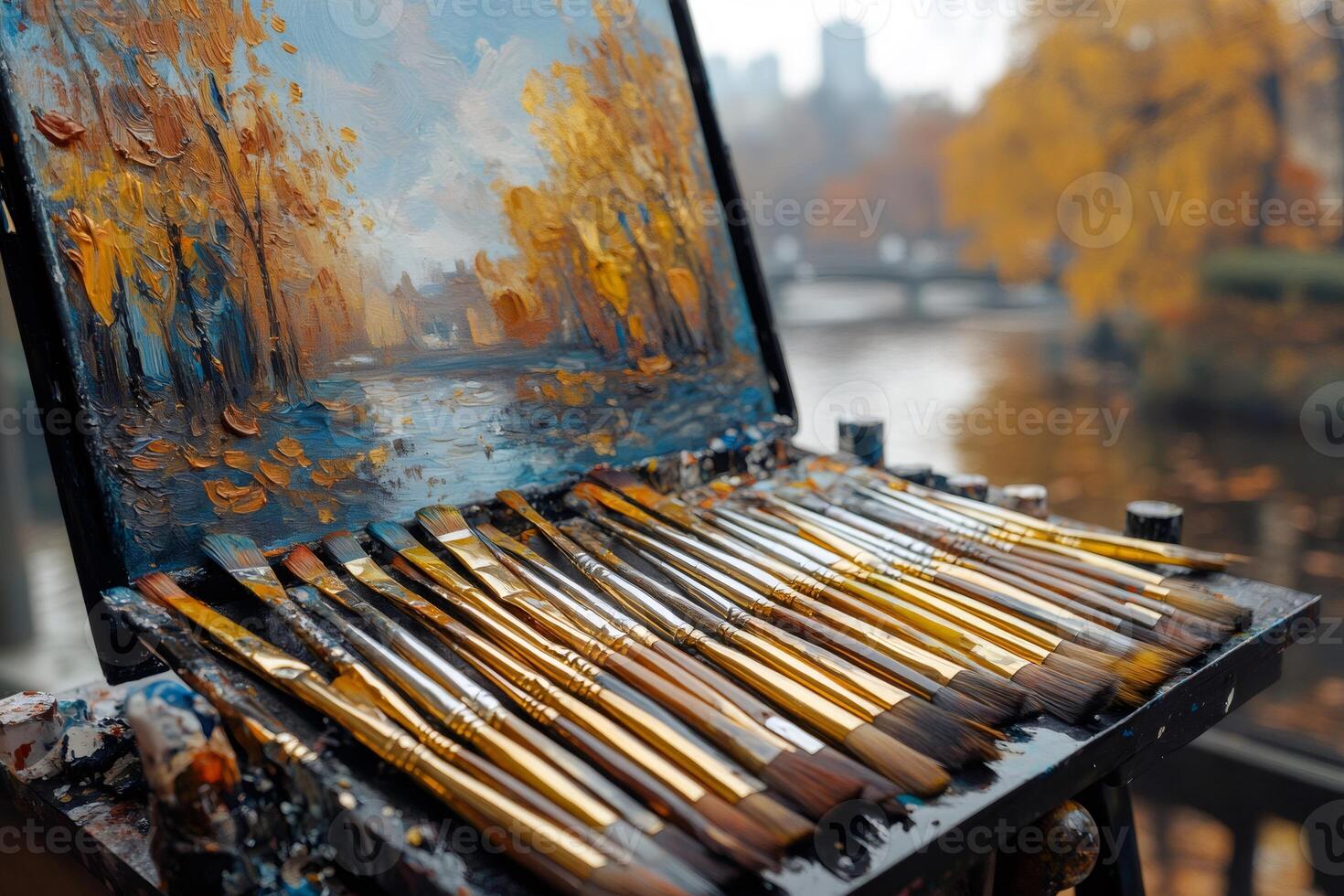 Paintbrushes resting on easel with autumn landscape painting in open air photo