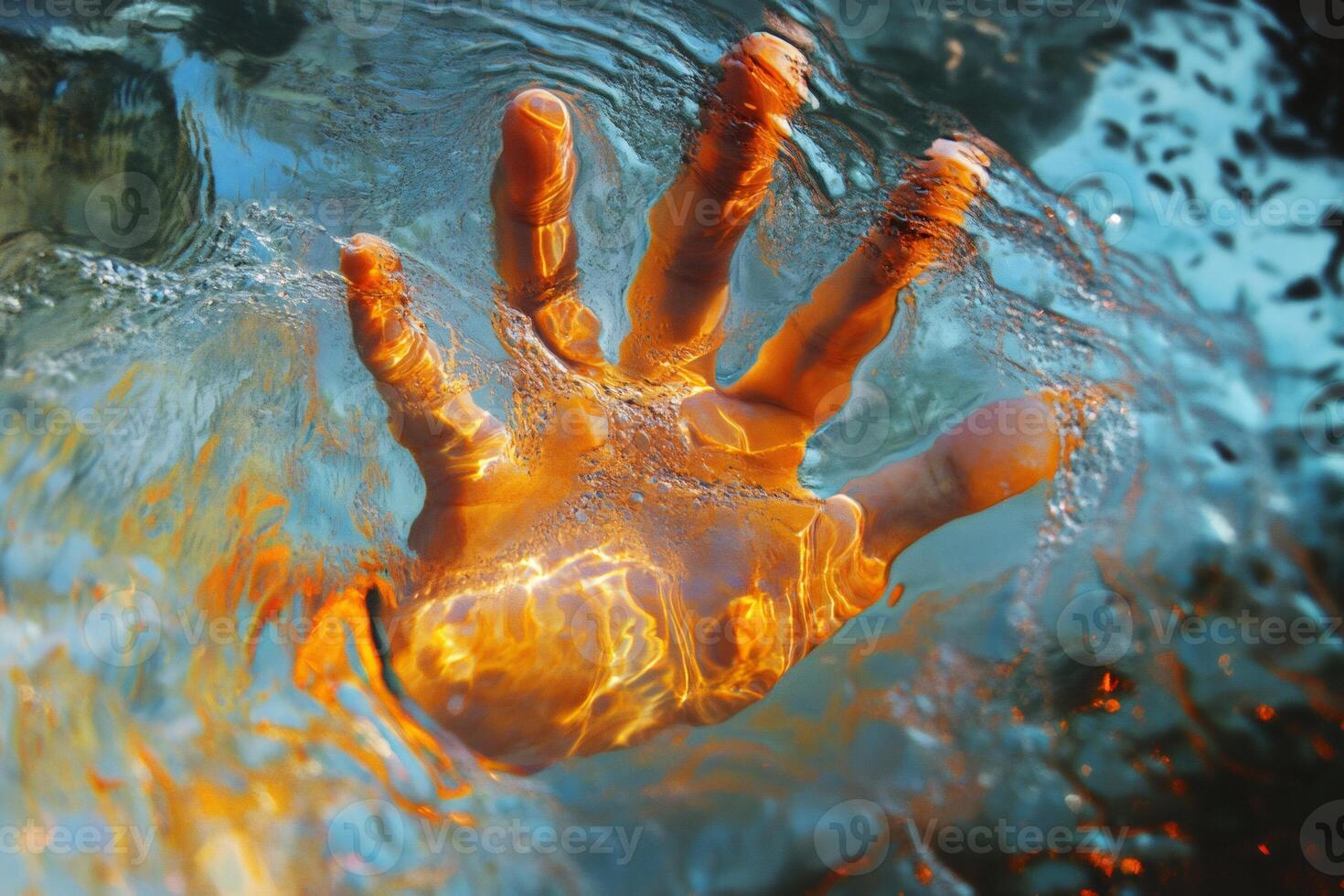 Hand reaching up from underwater, seeking help and rescue photo