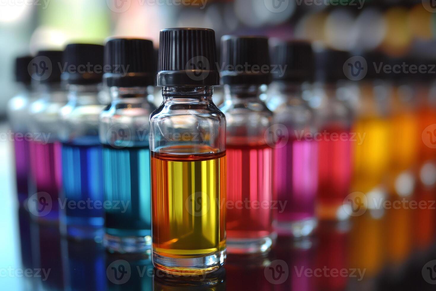 Colorful liquid creating a gradient in small glass bottles photo