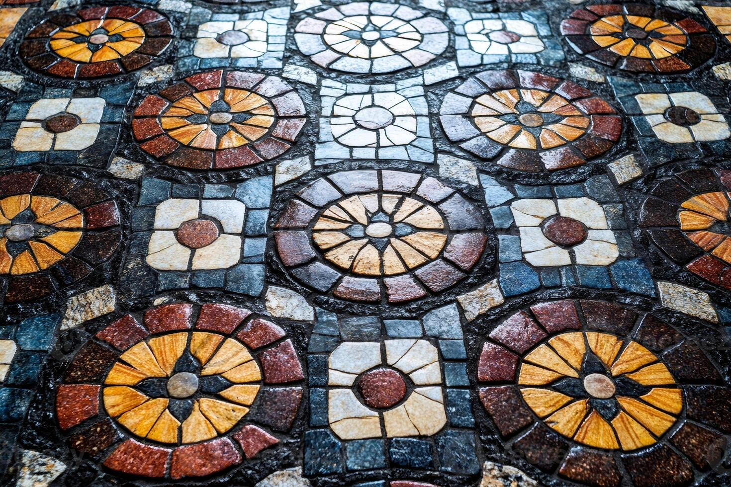 Colorful mosaic floor tiles showing intricate circular and square patterns photo