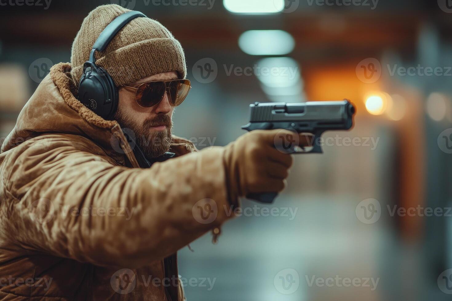 Bearded man wearing ear protection and sunglasses shooting with handgun in indoor shooting range photo