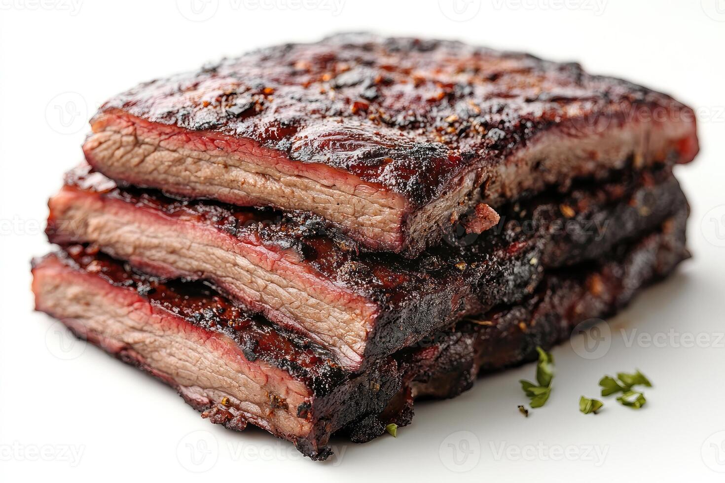 Delicious bbq grilled beef brisket slices stacked high photo