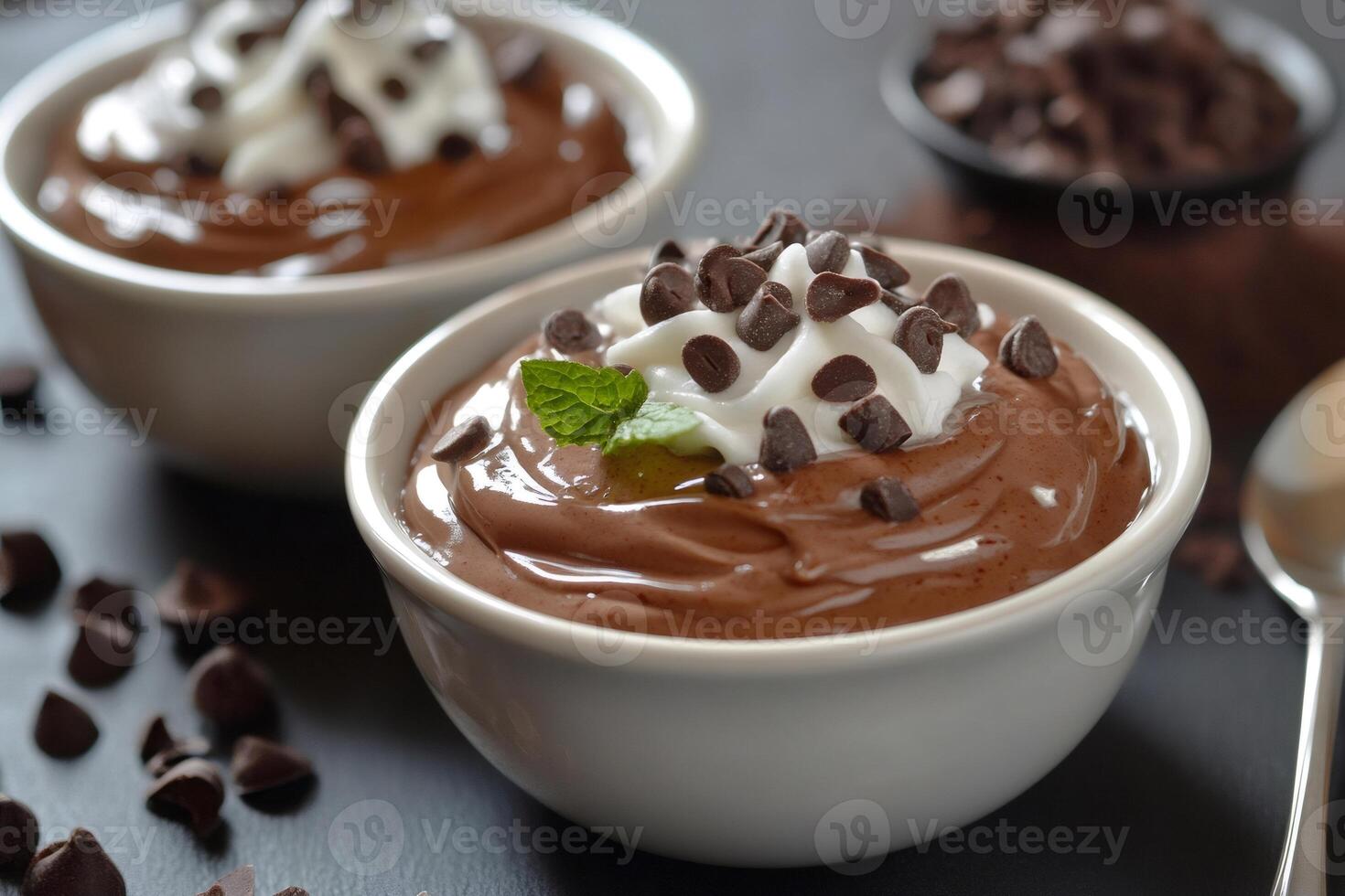 Delicious chocolate pudding dessert with whipped cream and chocolate chips photo