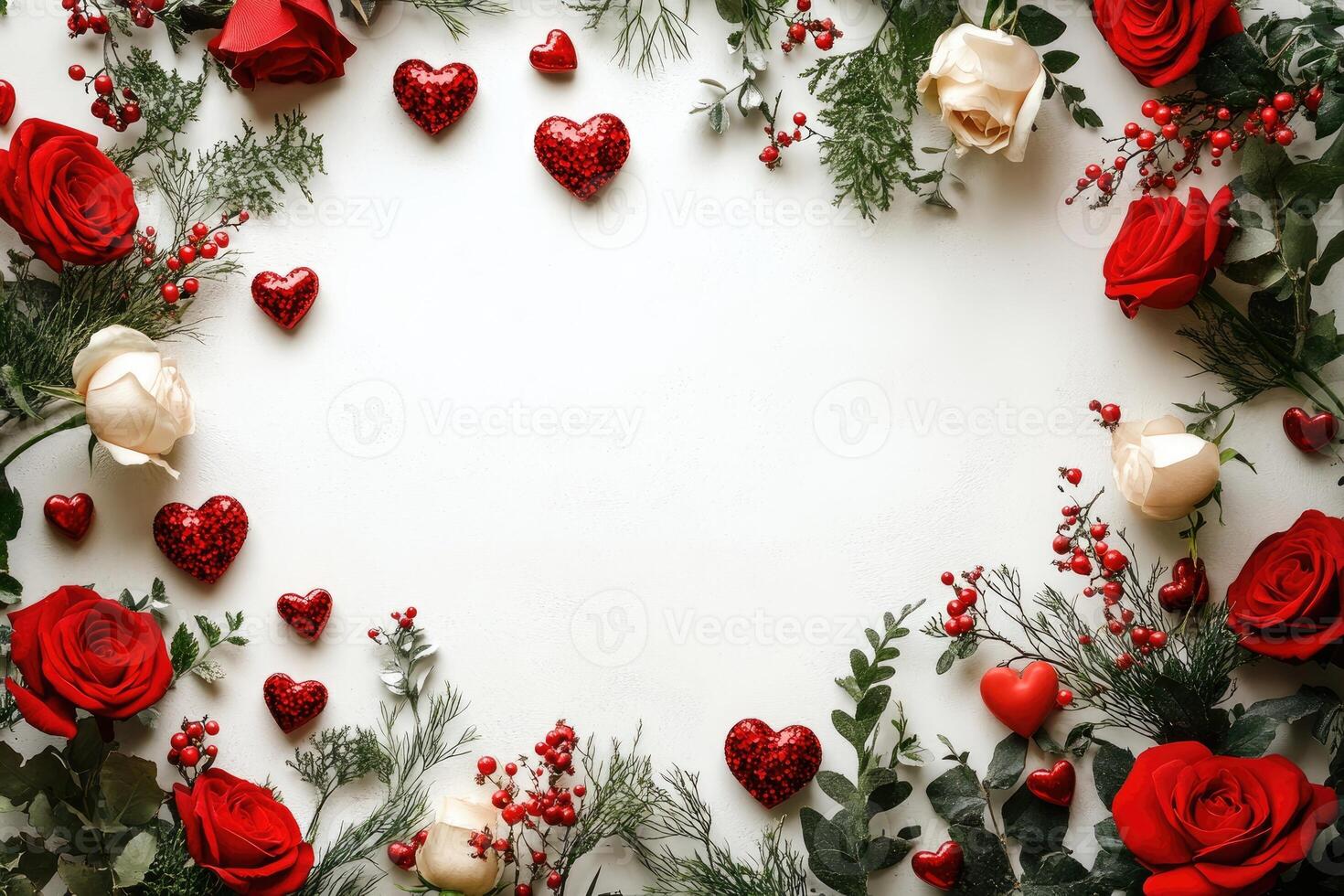 Valentine's day floral frame with red and white roses, glitter hearts, and greenery on white background photo