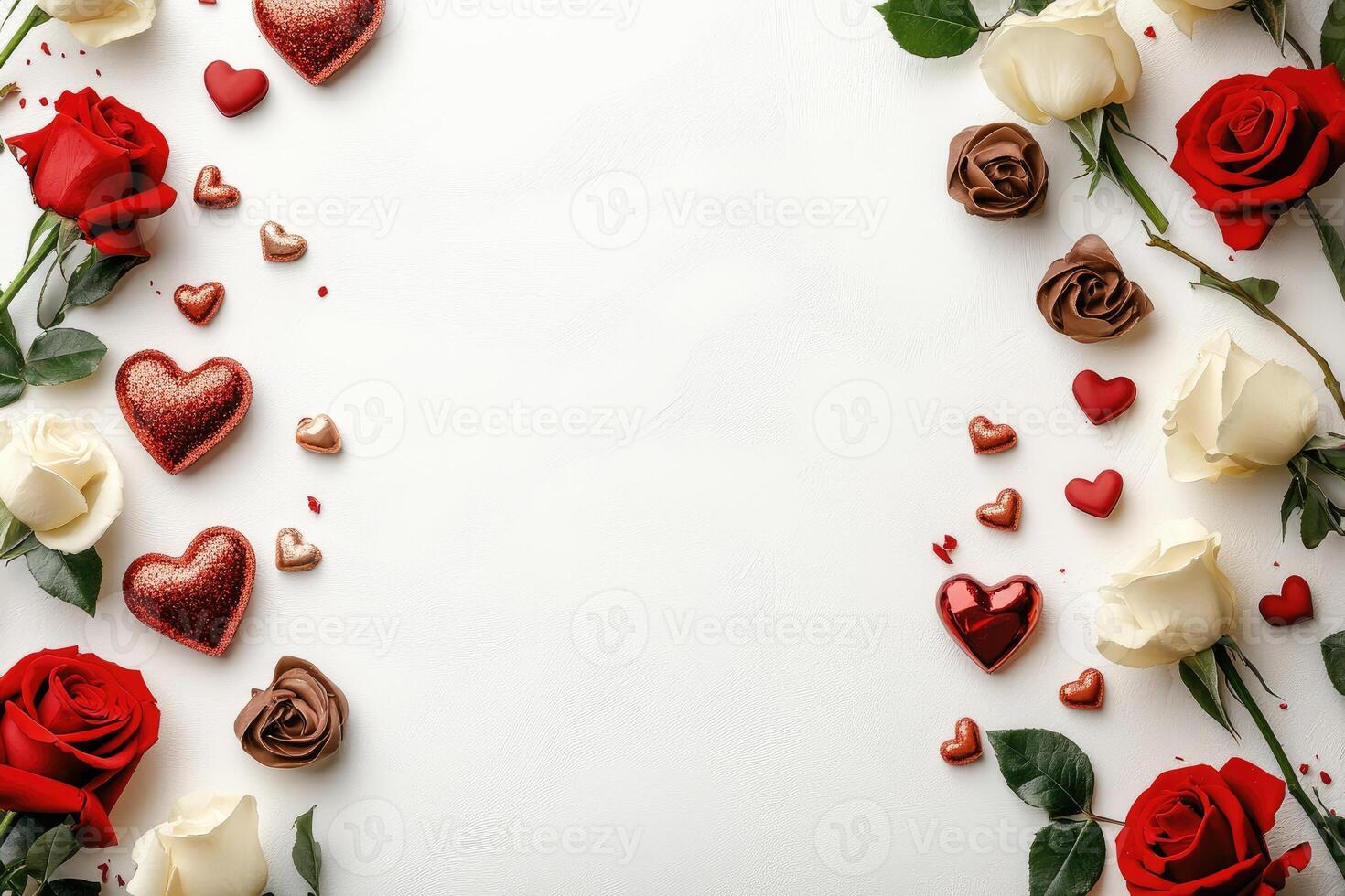 Red and white roses framing valentine's day hearts and chocolates on white background photo
