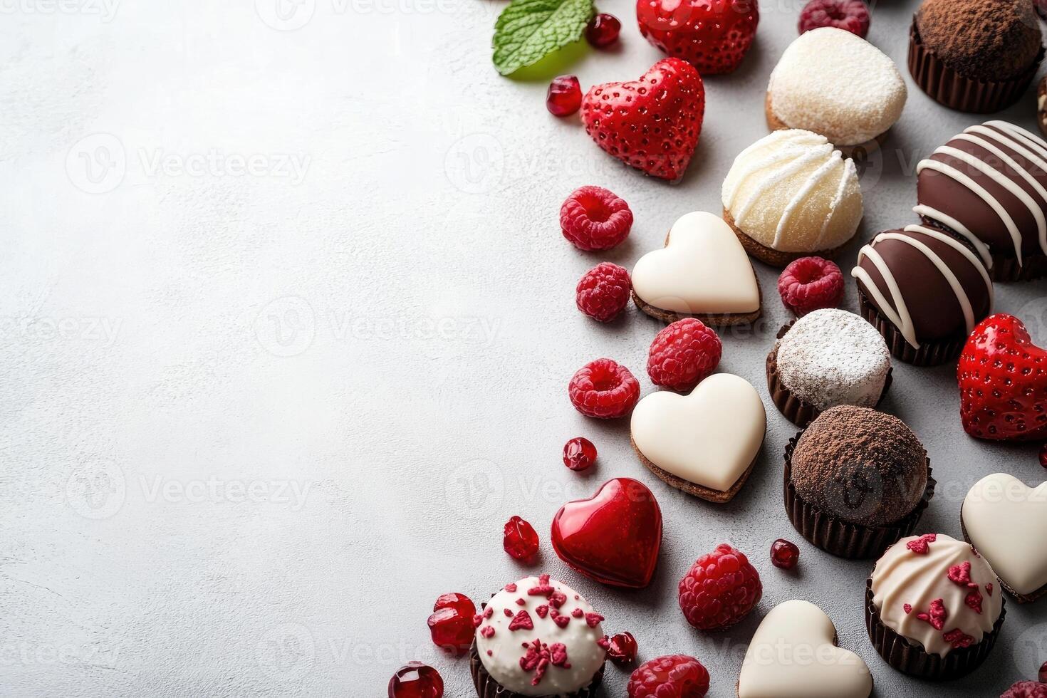 Delicious valentine's day assorted chocolate, fruits and heart shaped cookies forming a border on gray background photo