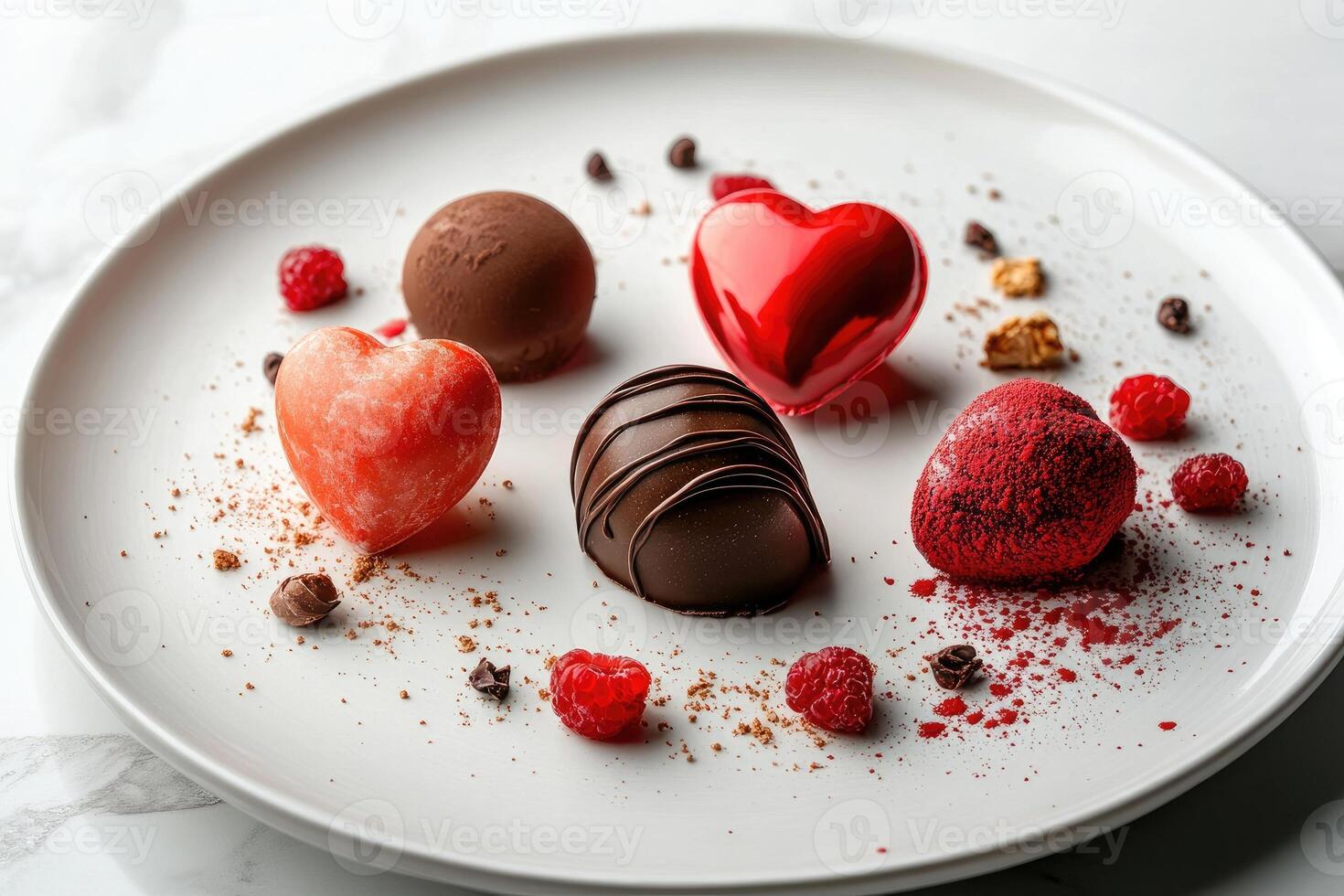 Heart-shaped desserts and chocolate spheres sitting on white plate for valentine's day celebration photo