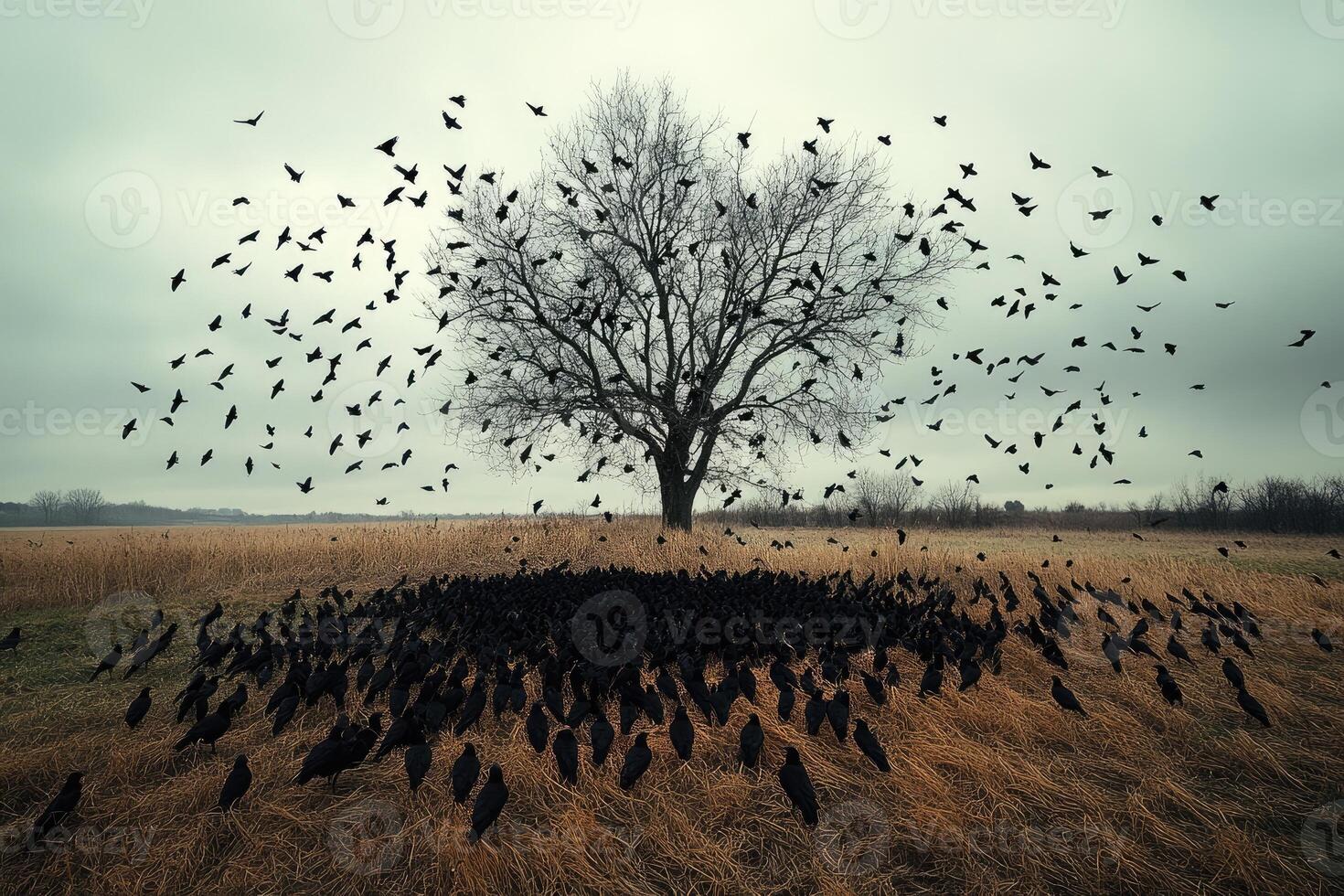 Crows flying and resting around bare tree in field photo